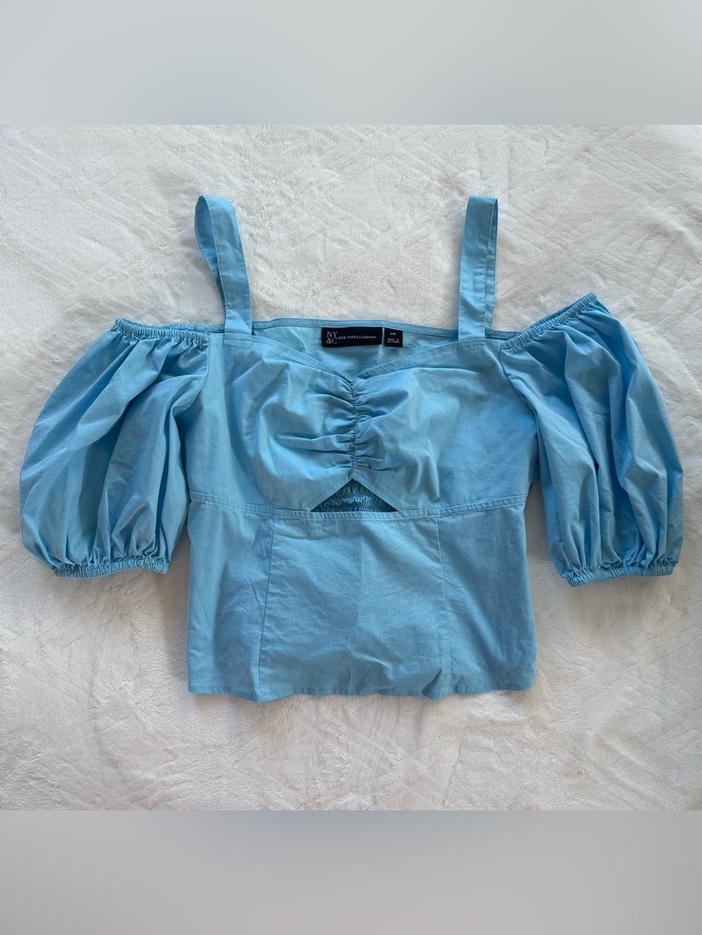 New York & Company Blue Off-Shoulder Ruched Top